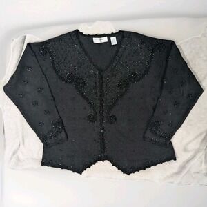 Vtg Maggie Lawrence Cardigan Sweater Embroider Bead Accent Floral Womens L